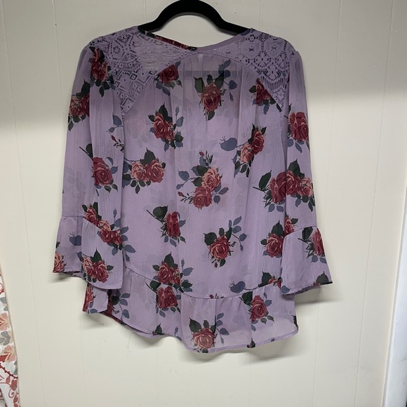 Self Esteem Lavender Floral Semi Sheer Blouse with Bell Sleeves - Picture 9 of 9